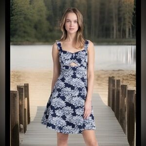 SHOSHANNA Jacquard Floral Print Rio Mini Dress size 2 Navy & White Cut Out Party